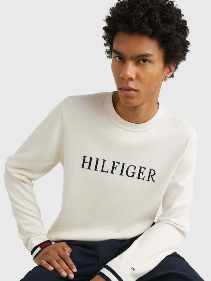 Tommy Hilfiger Logo Embroidery Crew Neck Men's Jumpers White | I0IrGglVLDtK