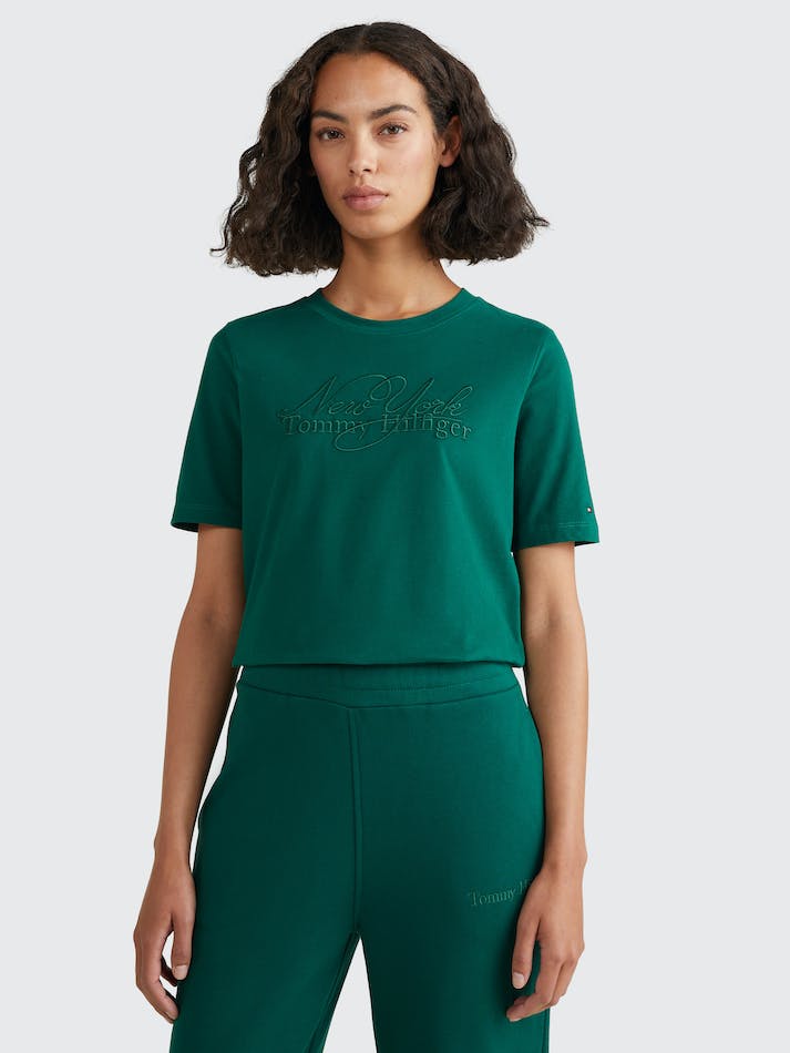 Tommy Hilfiger Logo Embroidery Crew Neck Women's T Shirts Green | gVYN5OiGkBxB