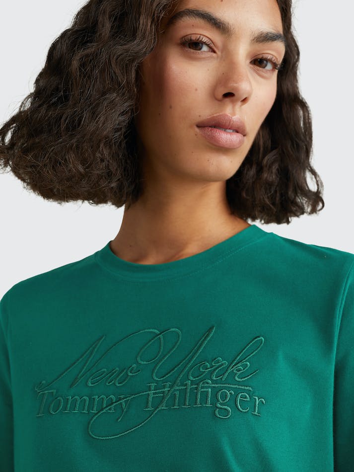 Tommy Hilfiger Logo Embroidery Crew Neck Women's T Shirts Green | gVYN5OiGkBxB