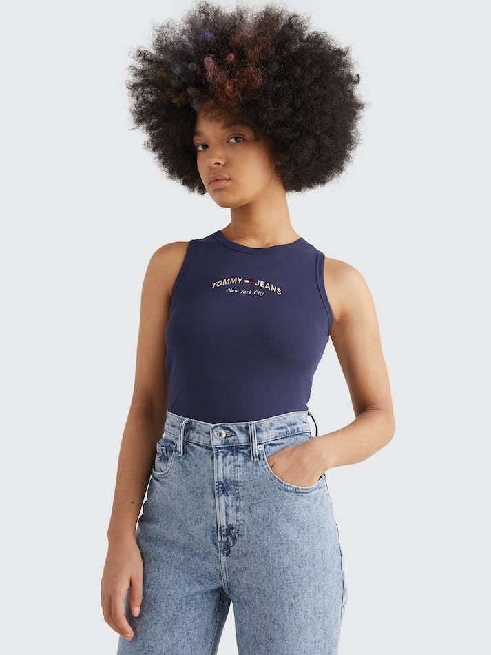 Tommy Jeans Logo Embroidery Cropped Tank Women's Tops Navy | HRkonpjTZ6tE