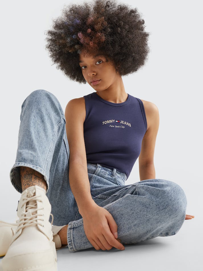 Tommy Jeans Logo Embroidery Cropped Tank Women's Tops Navy | HRkonpjTZ6tE