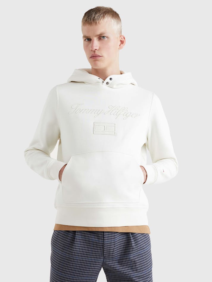 Tommy Hilfiger Logo Embroidery Flex Fleece Men's Hoodie White | 10K82hiFVtaR