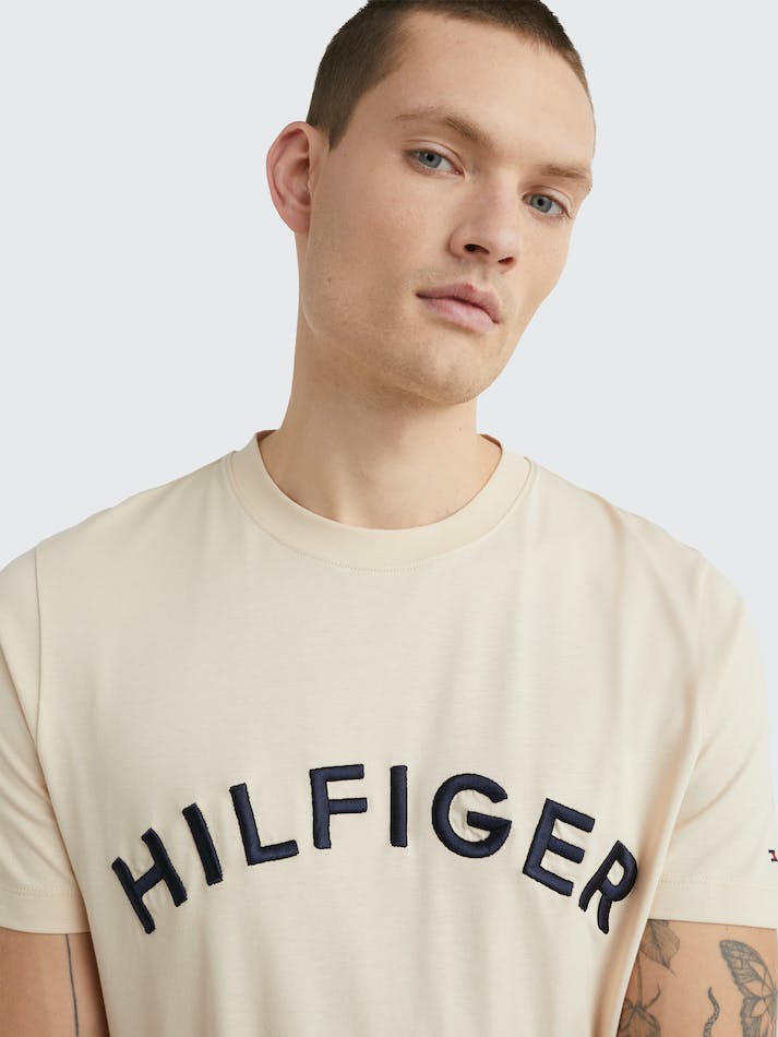 Tommy Hilfiger Logo Embroidery Men's T Shirts Beige | P3WaeRgejPG6