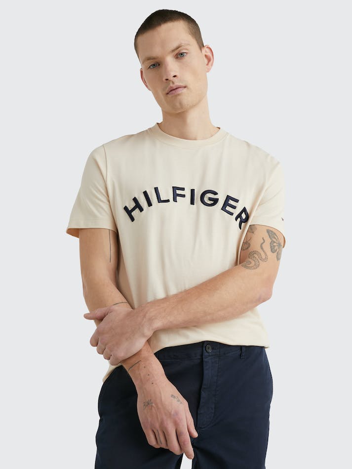 Tommy Hilfiger Logo Embroidery Men\'s T Shirts Beige | P3WaeRgejPG6