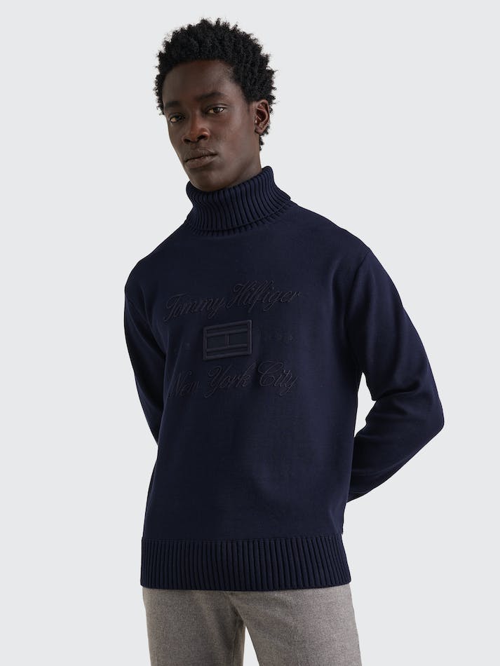 Tommy Hilfiger Logo Embroidery Roll Neck Relaxed Men's Jumpers Blue | DoIappudC6oV