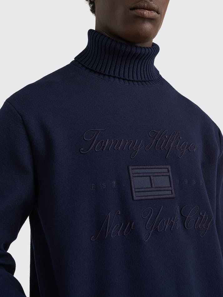 Tommy Hilfiger Logo Embroidery Roll Neck Relaxed Men's Jumpers Blue | DoIappudC6oV