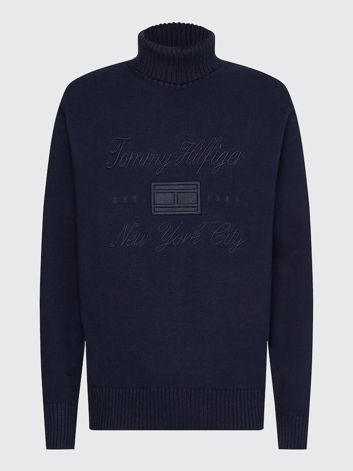 Tommy Hilfiger Logo Embroidery Roll Neck Relaxed Men's Jumpers Blue | DoIappudC6oV