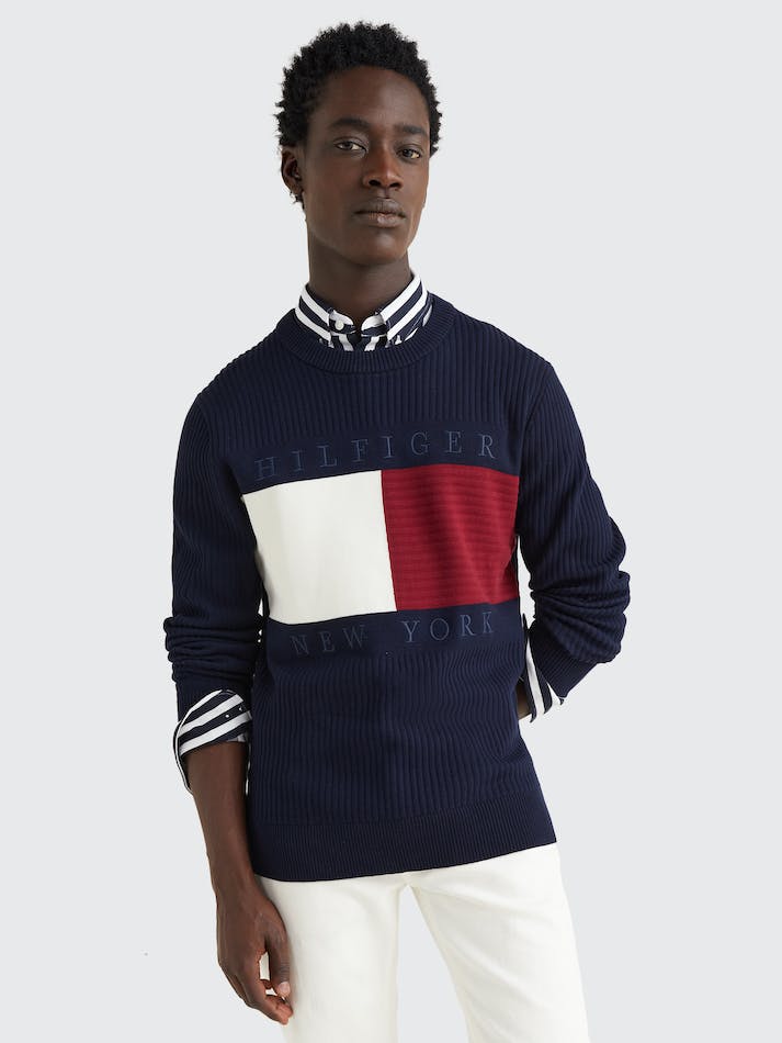 Tommy Hilfiger Logo Knit Men's Jumpers Blue / Red / White / Blue | wYaswnaW1YZk