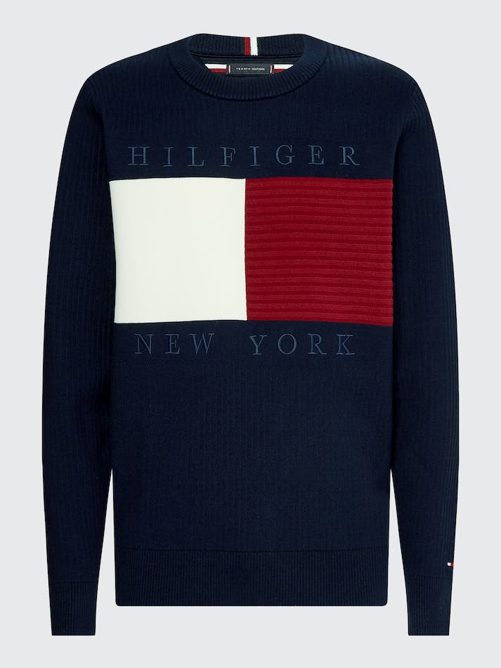 Tommy Hilfiger Logo Knit Men's Jumpers Blue / Red / White / Blue | wYaswnaW1YZk