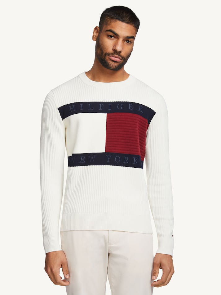 Tommy Hilfiger Logo Knit Men\'s Jumpers White / Red / White / Blue | 6tA5jeW2FPB8