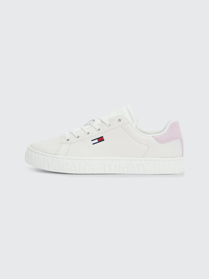 Tommy Hilfiger Logo Midsole Leather Low Top Women's Sneakers White | kFLC6UUbBo8y