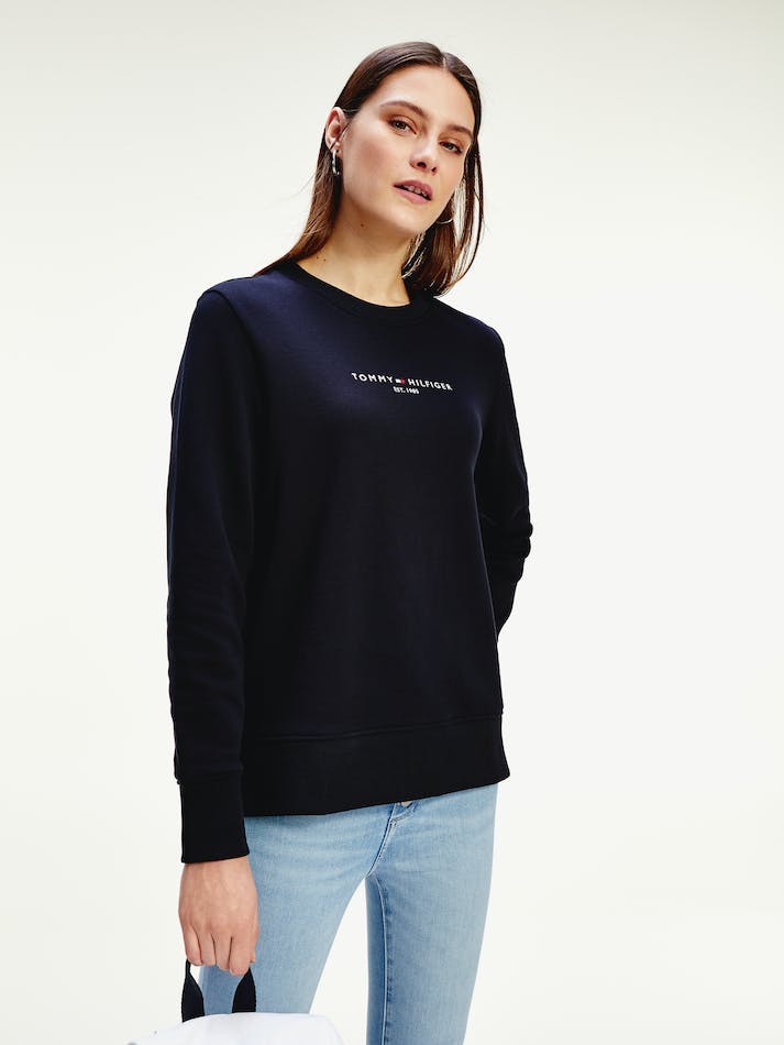 Tommy Hilfiger Logo Organic Cotton Crew Neck Women\'s Sweatshirt Blue | OBOyq3ta9DEb