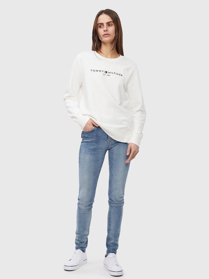 Tommy Hilfiger Logo Organic Cotton Crew Neck Women's Sweatshirt White | ZWxO6tg0TJQ2