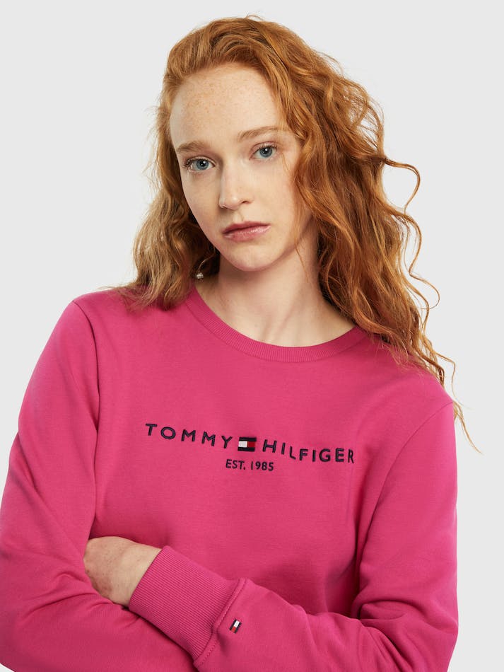 Tommy Hilfiger Logo Organic Cotton Crew Neck Women's Sweatshirt Pink | djgcCFNonPU7