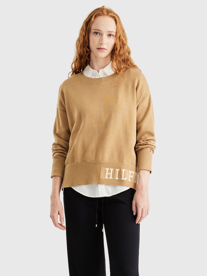 Tommy Hilfiger Logo Organic Cotton Women\'s Jumpers Khaki | AjxJrfiHhmXX