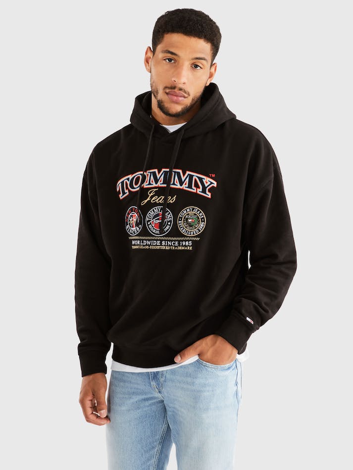 Tommy Jeans Logo Oversized Skater Men\'s Hoodie Black | JxDwjFUDQpYc