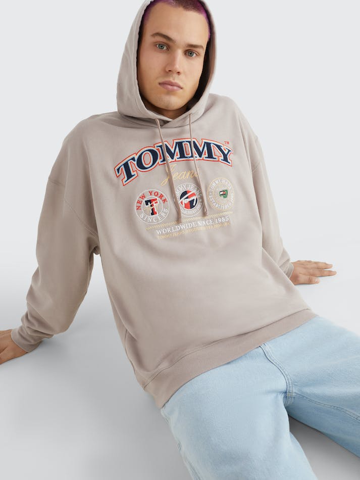 Tommy Jeans Logo Oversized Skater Men's Hoodie Grey | QeOmvEHAQuzZ