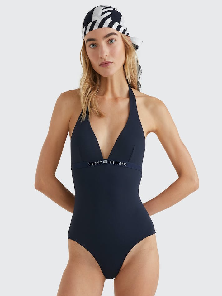 Tommy Hilfiger Logo Padded One Piece Women's Swimwear Blue | Ho1Bg7jBvQ2D