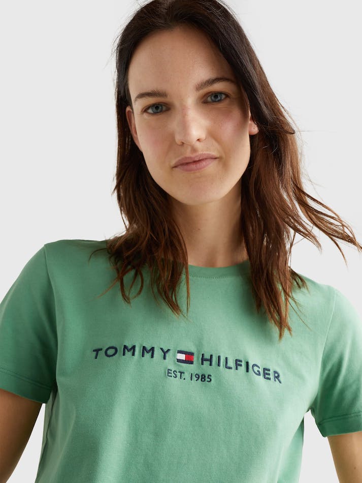 Tommy Hilfiger Logo Regular Fit Women's T Shirts Green | HOM1f7MTWoSh