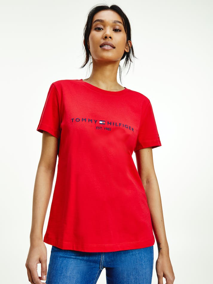 Tommy Hilfiger Logo Regular Fit Women's T Shirts Red | T8N1QDQQVz1w