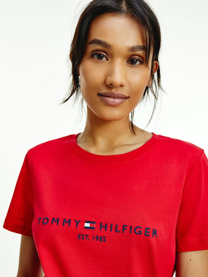 Tommy Hilfiger Logo Regular Fit Women's T Shirts Red | T8N1QDQQVz1w