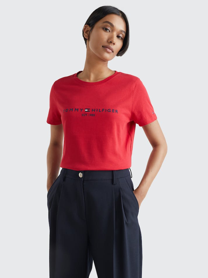 Tommy Hilfiger Logo Regular Fit Women\'s T Shirts Red | T8N1QDQQVz1w