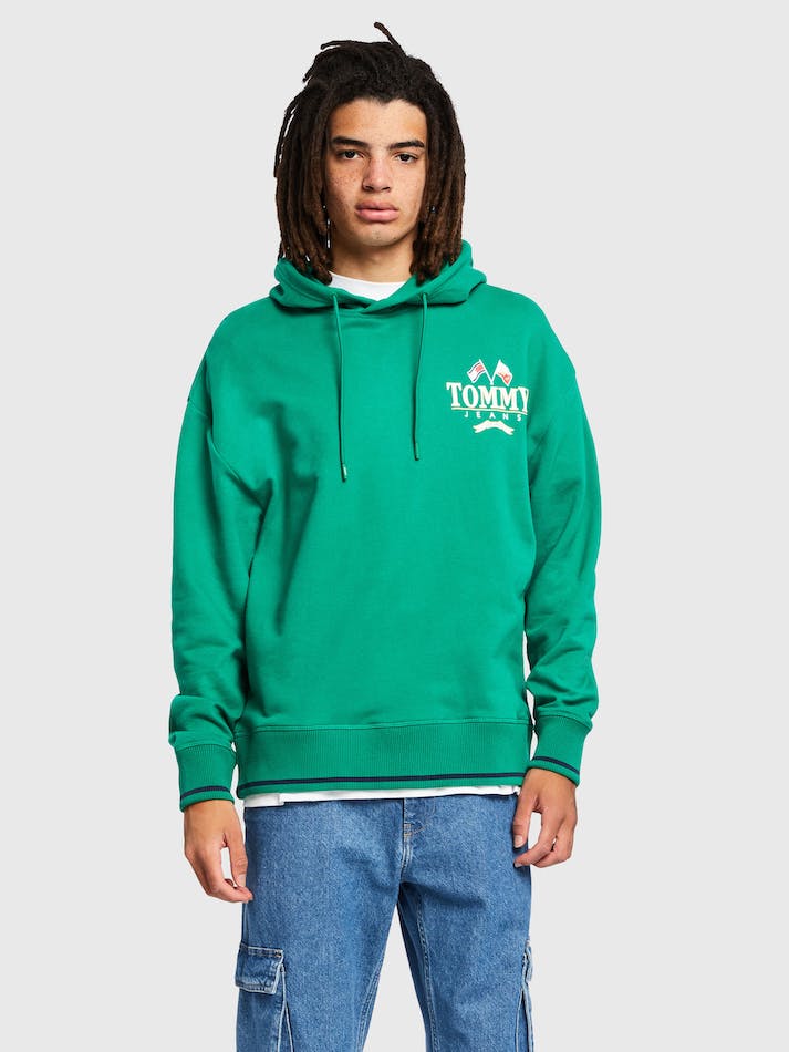 Tommy Jeans Logo Relaxed Fit Skater Men's Hoodie Green | URCWQEeKqvM4