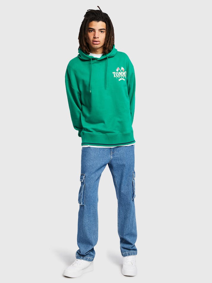 Tommy Jeans Logo Relaxed Fit Skater Men's Hoodie Green | URCWQEeKqvM4