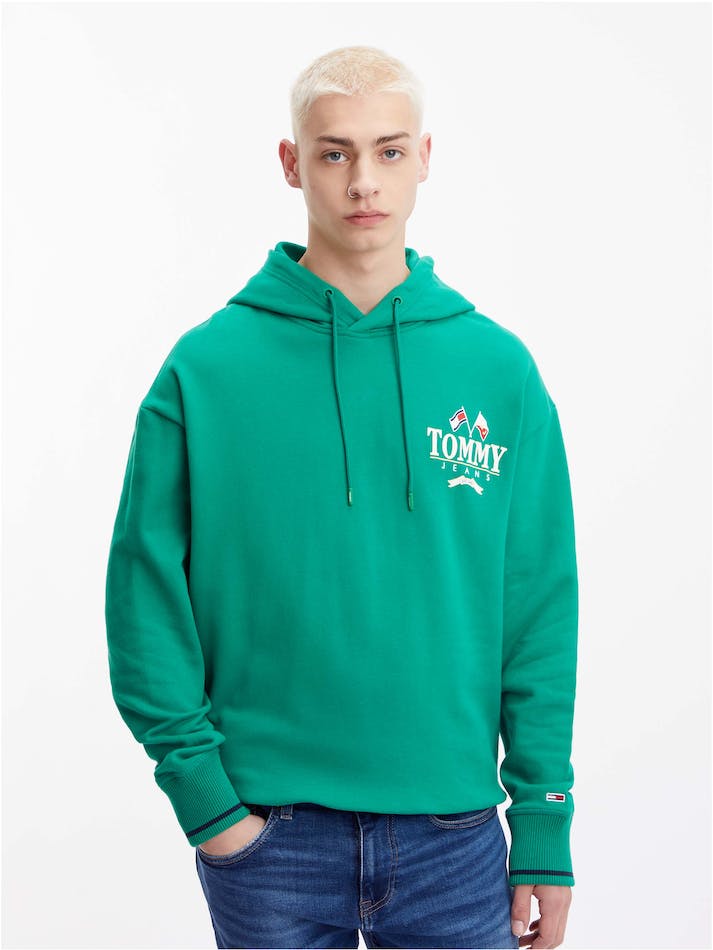 Tommy Jeans Logo Relaxed Fit Skater Men\'s Hoodie Green | URCWQEeKqvM4