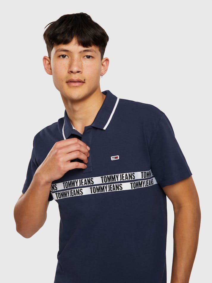 Tommy Jeans Logo Tape Organic Cotton Men's Polo Shirts Navy | 7OZBz4StXH1Y