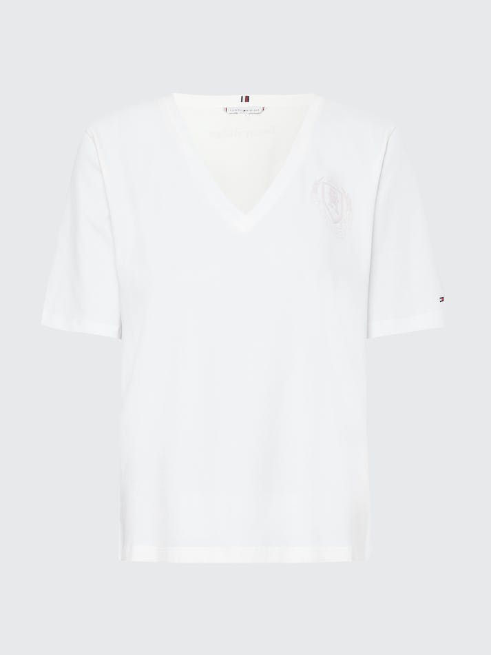 Tommy Hilfiger Logo V-Neck Women's T Shirts White | rKwCsjXVRPSF