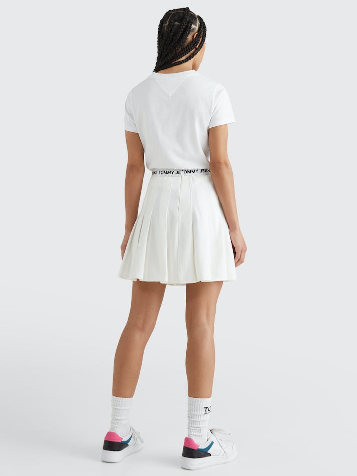 Tommy Jeans Logo Waistband Pleated Mini Women's Skirts White | Ol08Uxyz0dtg