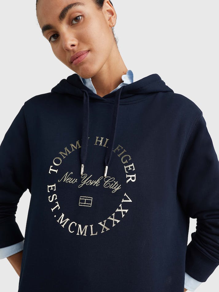 Tommy Hilfiger Metallic Logo Organic Cotton Hoodie Women's Dress Blue | Etl8gyMTF5dJ