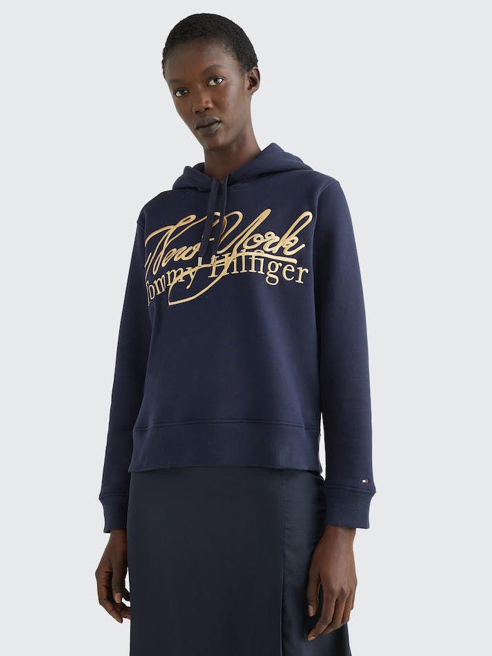 Tommy Hilfiger Metallic Logo Women's Hoodie Blue | PFrIkV4diFmE