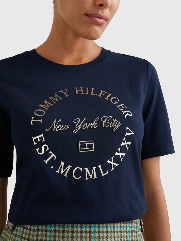 Tommy Hilfiger Metallic Logo Women's T Shirts Blue | iuOnXKFvnRLo