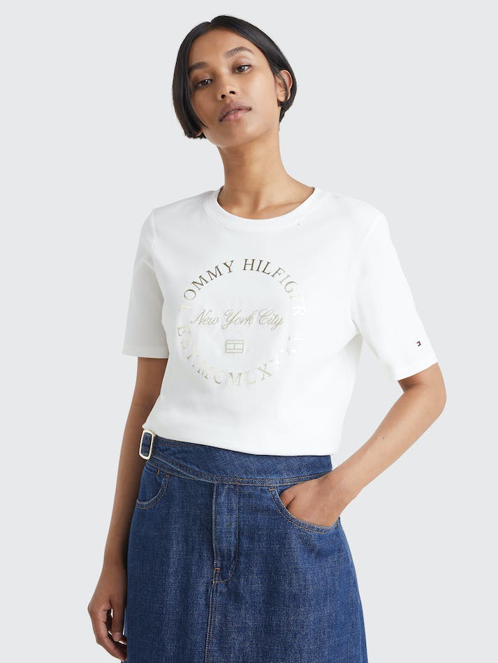 Tommy Hilfiger Metallic Logo Women's T Shirts White | 7lkwnU117Ent