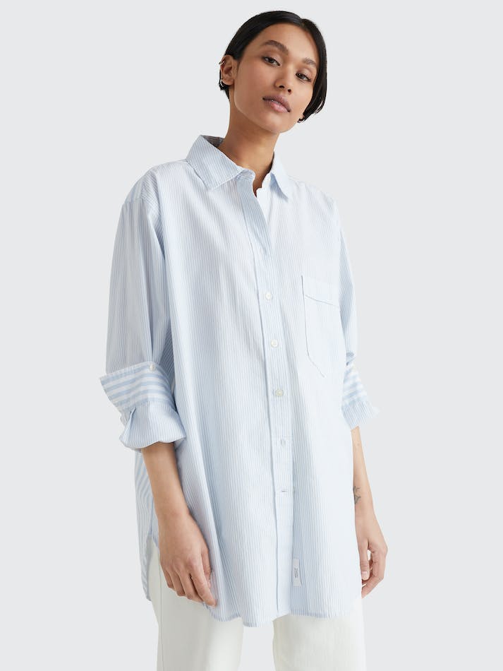 Tommy Hilfiger Mixed Vertical Stripe Oversized Women's Shirts Stripes / Blue | Cdjwr1WGGDSc