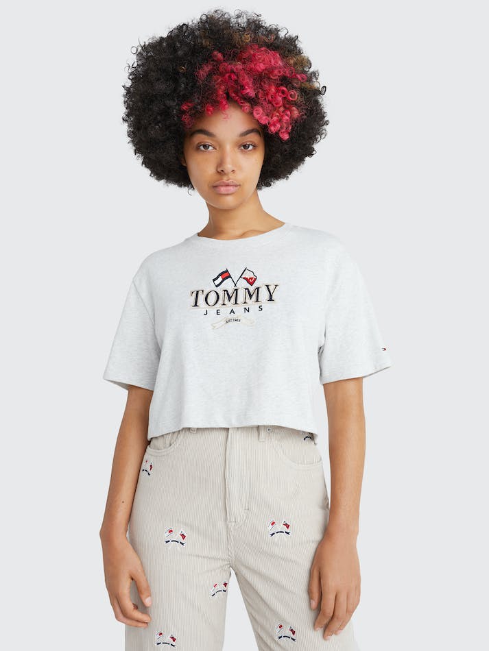 Tommy Jeans Modern Super Cropped Fit Logo Women's T Shirts Silver Grey | V4DkwqjX2iJl