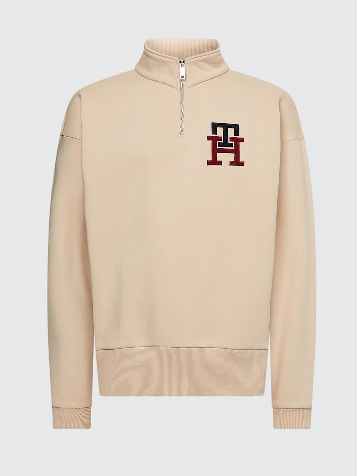 Tommy Hilfiger Monogram Applique Half-Zip Men's Sweatshirt Beige | XrcY9BxrM6cv