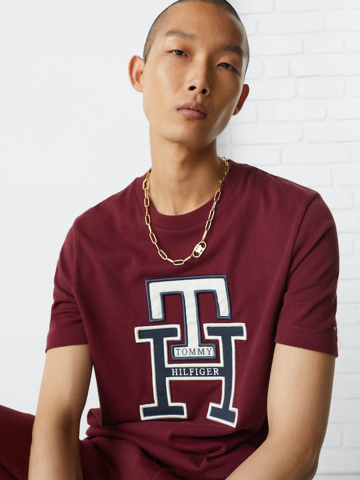 Tommy Hilfiger Monogram Applique Organic Cotton Men's T Shirts Dark Red | JVXbntfioH7d