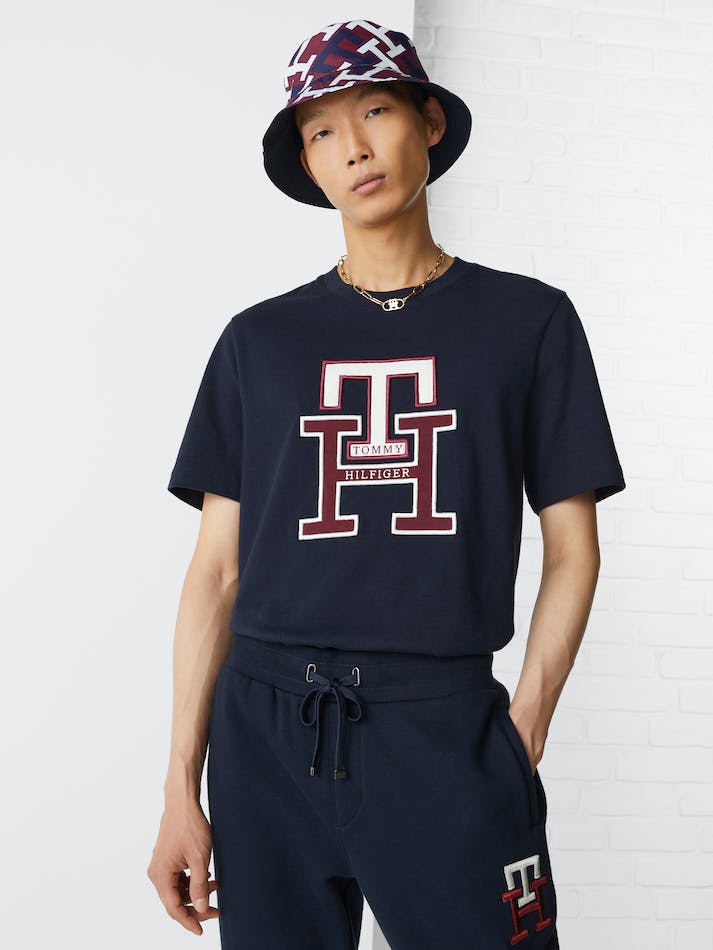 Tommy Hilfiger Monogram Applique Organic Cotton Men's T Shirts Blue | hQ6gho43XBQ6