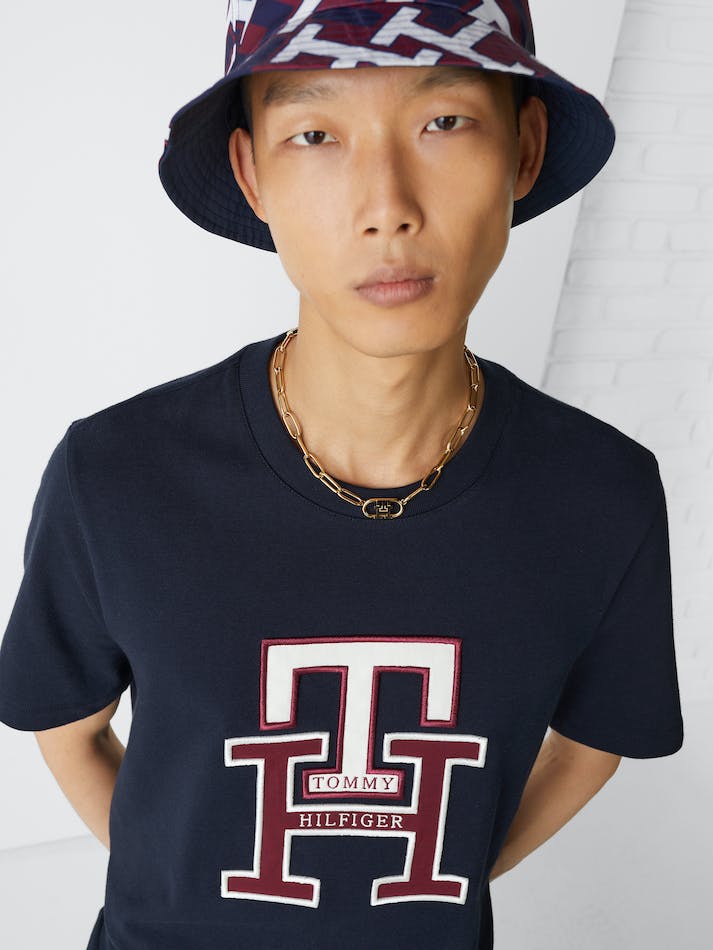 Tommy Hilfiger Monogram Applique Organic Cotton Men's T Shirts Blue | hQ6gho43XBQ6