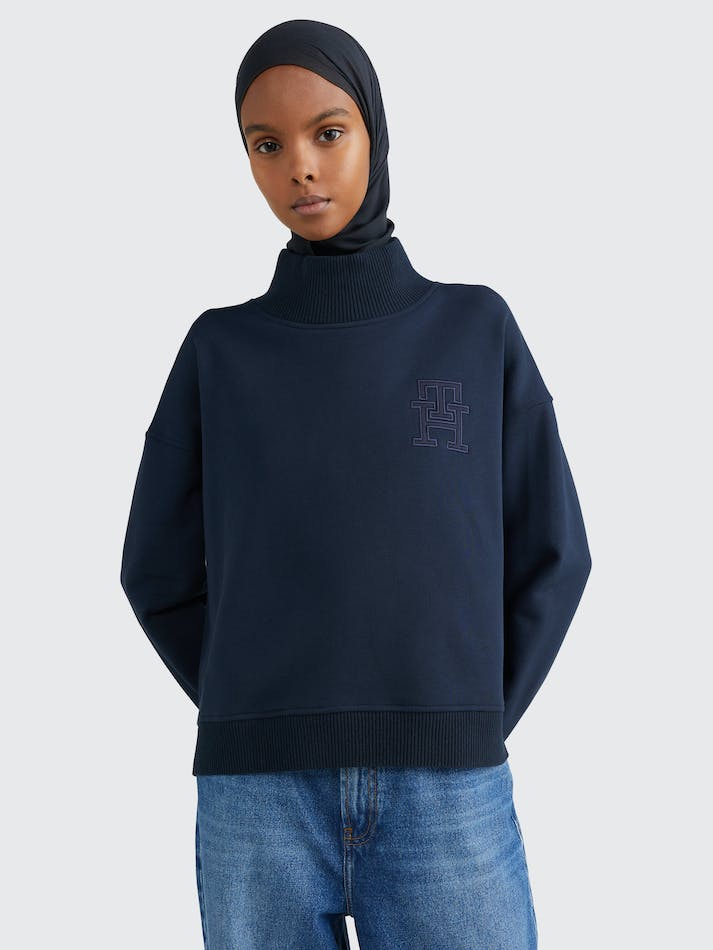 Tommy Hilfiger Monogram Applique Relaxed Mock Turtleneck Women's Sweatshirt Blue | YsXpchnPtee9