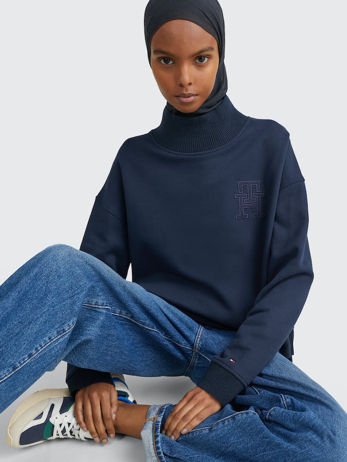 Tommy Hilfiger Monogram Applique Relaxed Mock Turtleneck Women's Sweatshirt Blue | YsXpchnPtee9