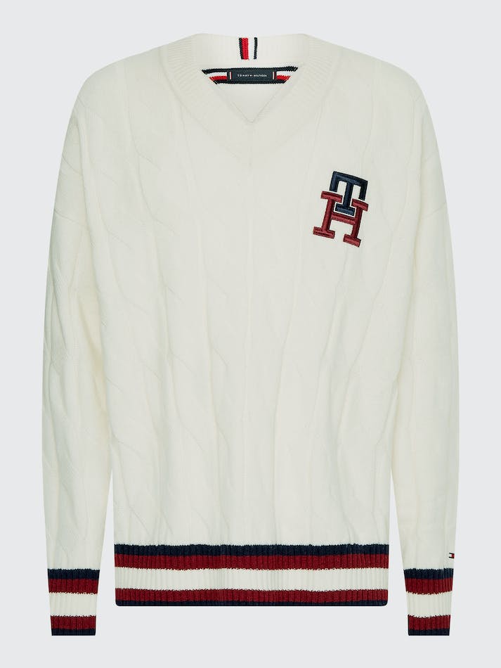 Tommy Hilfiger Monogram Cable Knit Relaxed Women's Jumpers White | i68Nf6fzUZRt