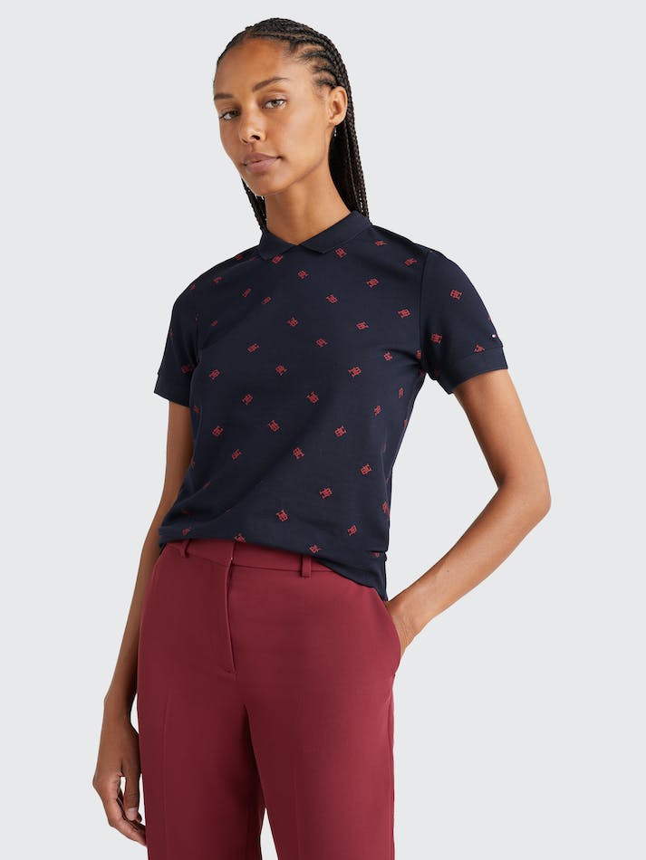 Tommy Hilfiger Monogram Print Crew Neck Women's Polo Shirts Blue | rOu6cYZQmjwB