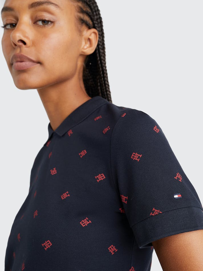 Tommy Hilfiger Monogram Print Crew Neck Women's Polo Shirts Blue | rOu6cYZQmjwB