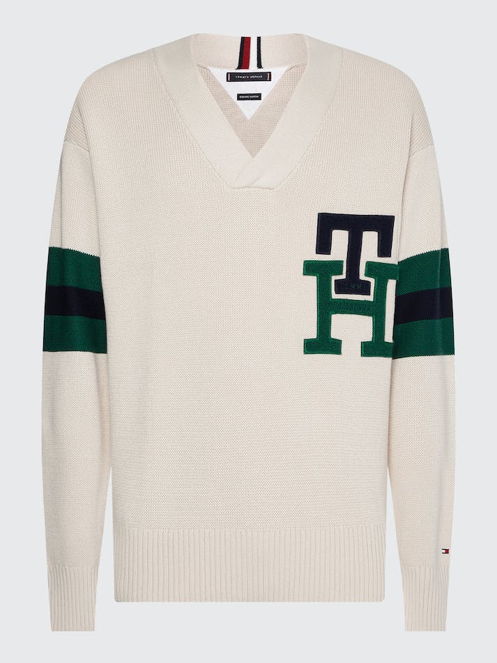 Tommy Hilfiger Monogram Varsity V-Neck Men's Sweaters White | ejNtrqncACSU