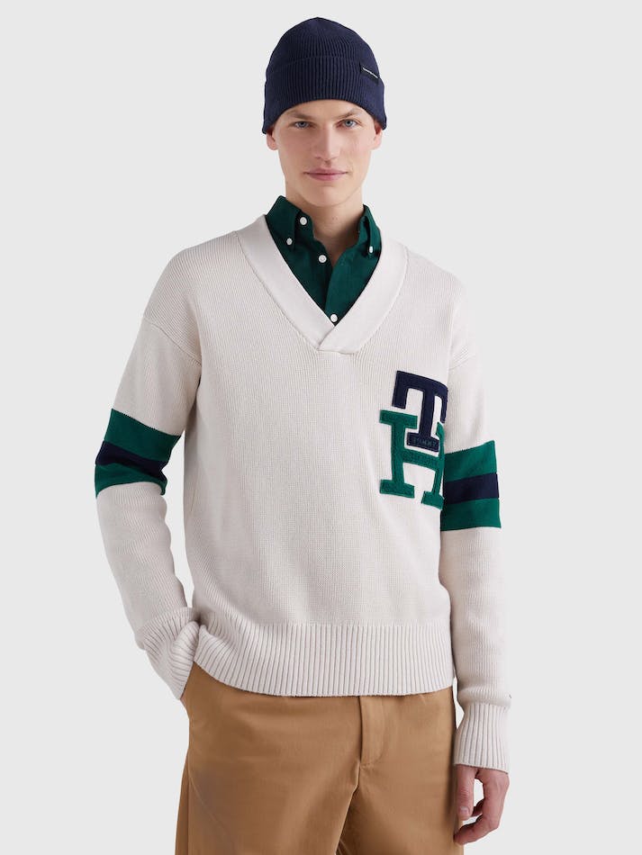 Tommy Hilfiger Monogram Varsity V-Neck Men's Sweaters White | ejNtrqncACSU