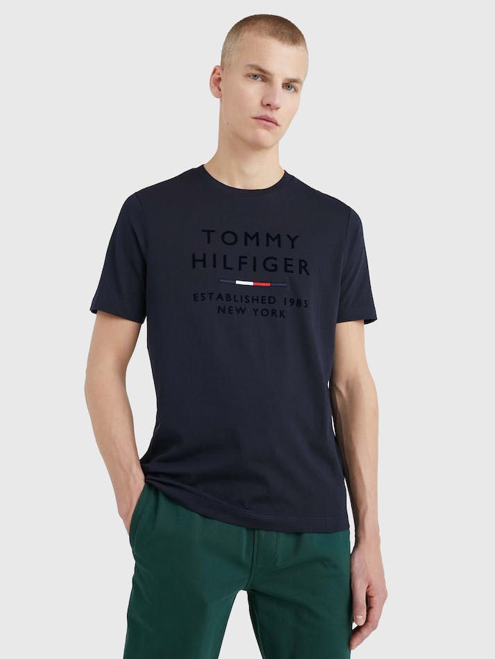 Tommy Hilfiger NYC Flock Logo Men's T Shirts Blue | jqzV9ZRm1593